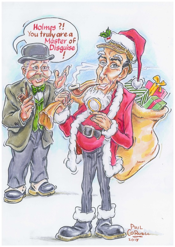 Sherlock Holmes Christmas Cartoon showing Holmes dressed as Santa Claus and Watson saying Holmes is a Master of Disguise